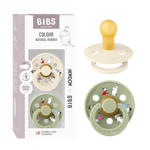 BIBS Colour Moomins Paquete de 2 chupetes. Libre de BPA, Tetina redonda. Látex natural, Hecho en Dinamarca, 0+ meses (Paquete de 2), Ivory/Sage BIBS Colour Moomins Paquete de 2 chupetes. Libre de BPA, Tetina redonda. Látex natural, Hecho en Dinamarca, 0+ meses (Paquete de 2), Ivory/Sage
