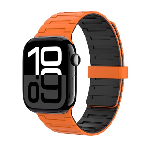 Astorgos Correa Magnética Compatible con Apple Watch Ultra 2/Ultra 49mm,S10 46mm,9/8/7 45mm,SE2/SE/6/5/4 44mm,3/2/1 42mm,Correa de Silicona Ajustable,Pulsera Deportiva, Naranja/Negro