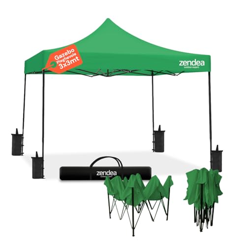 Zendea   Carpa Exterior Resistente 3 x 3 con Estructura de Acero y Lona Impermeable, Apertura rápida con araña, Ideal para jardín, ferias y mar, fácil de Montar y anclar, Color Verde