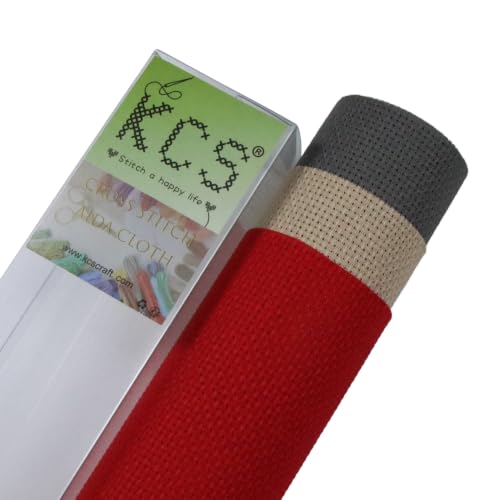 Image of KCS 3 pc of 15 inch x 18 inch(38cmx45cm) 16 Count Cross Stitch Cotton Aida Cloth Needlework Rolled Fabric Box,16CT,Red+Khaki+Dark Grey