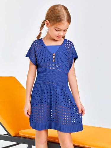 Image of Haloumoning Girls Crochet Swim Beach Cover Up Kids Fashion Button Short Sleeve Swimsuits Cover Ups 5-14 Years