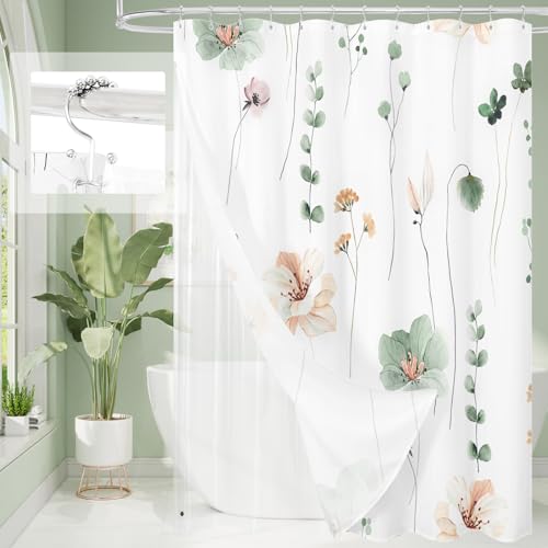 Gibelle 3 in 1 Shower Curtain Set Sage Green Watercolor Floral Bath Curtain and PEVA Liner Set with 12 Double Sided Steel Hooks Waterproof Fabric Bathroom Curtain 72x72