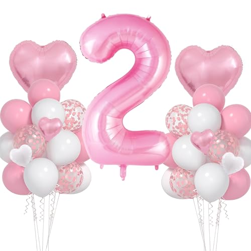 Balões de aniversário de 2 anos, VUCDXOP 11pcs Fato Rosa de Balão de aniversário com Balão de Grande Número 2, 101 CM Balão 2 Anos, Decoração 2 Aniversário, Balão Número 2 para Festas, Voam com Hélio