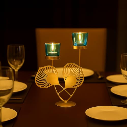 Image of MARKET 99 Metal+Glass 2 Votive T-Light Holder Leaf Shape | Decorative Candle Holder for Diwali, Christmas, Birthday & Wedding | Elegant Home Decor Accent for Festive & Ambient Lighting | Golden & Blue