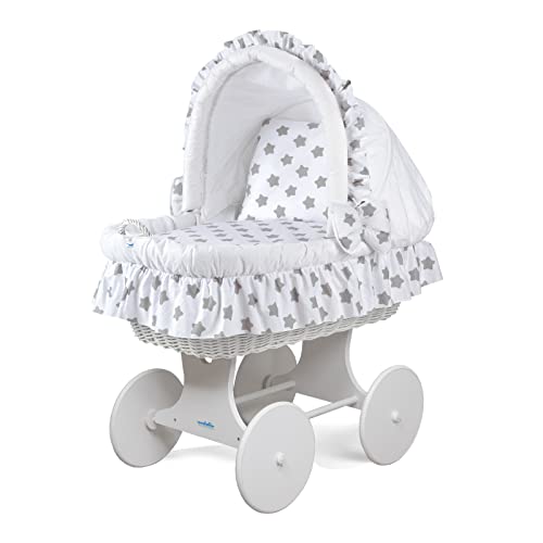WALDIN Baby Stubenwagen-Set mit Ausstattung, XXL, Bollerwagen, komplett, 11 Modelle wählbar, Gestell/Räder weiß lackiert, Stoffe weiß/große Sterne grau Cover