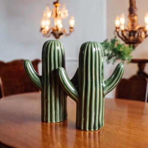 Image of Salt Pepper Set for Dining Table & Kitchen | Ceramic Salt and Pepper Shakers, Salt Pepper Dispenser, Container, Sprinkler | Home | Cafe | Office - 60 ML (Cactus with Vase, 1 Set)