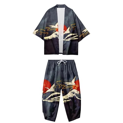 Image of DOSLAVIDA Men's Japanese Kimono Jacket Set Stylish Open Front Coat With Shorts Chinese Style Printed Cardigan Suit