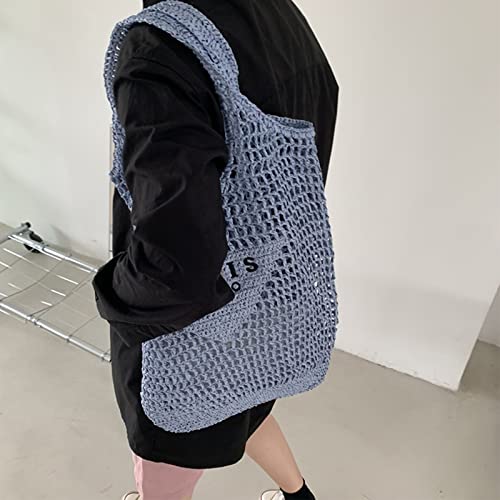 New Woven Bag, Straw Mesh Tote Bag, Beach, Shoulder Bag, Hobo Women, Foldable Large Capacity, For Holiday, Picnic And Party. (Blue) #TOP1