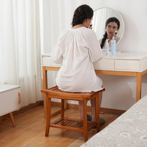 Utoplike Teak Shower Bench Seat with Handles, Portable Wooden Spa Bathing Stool with Storage Towel Shelf, 22" x 13" x 18.6", Perfect for Indoor and Outdoor Use