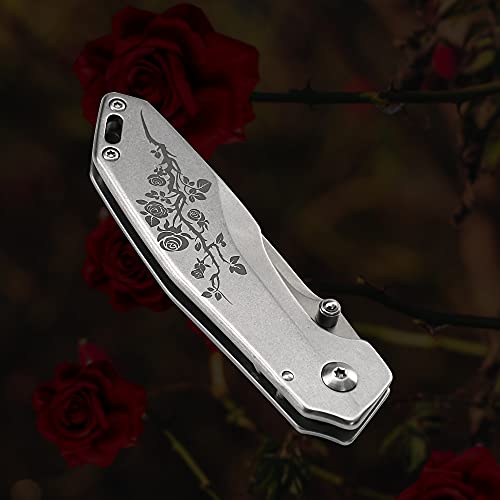 Albatross 7" Edc Simple Practical Folding Knife Liner Lock Pocket Knife With 8Cr14Mov Steel Blade,Rose Pattern Stainless Steel Handle,Belt Clip And Orange Gift Box #TOP4