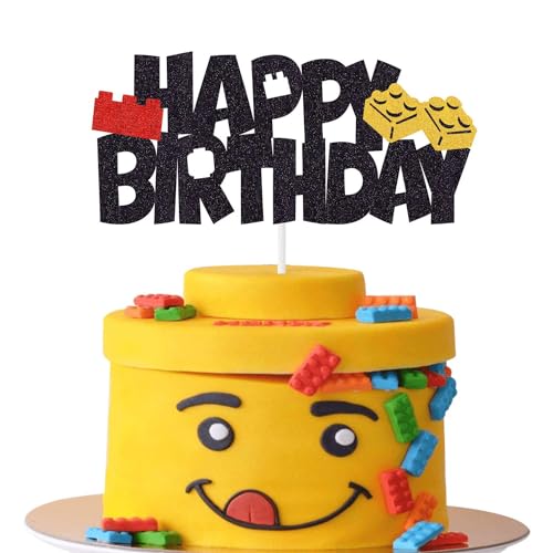 Confetti! Building Blocks Cake Topper - Glittery Happy Birthday Cake Decoration - Perfect for Color Building Brick Theme Birthday Baby Shower Party Supplies!