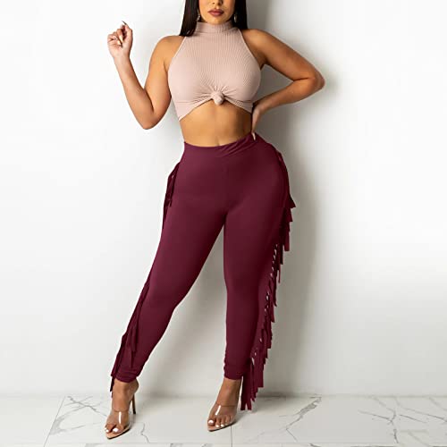 Womens Leather Jumpsuit Ladies Solid Color High Waist Slim Casual Pants Tassel Hip Lift Sexy Womens Pants Casual Su #TOP1