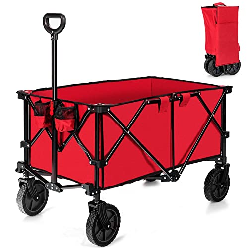 COSTWAY Folding Camping Wagon, Collapsible Beach Garden Trolley with Cup Holders and Adjustable Handle, Canvas Transport Utility Cart for Shopping Gardening Sporting Events (Red)
