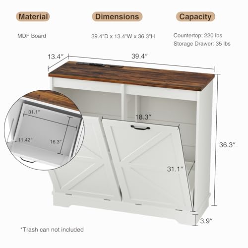 Halitaa 13 Gallon Trash Can Cabinet, Double Tilt Out Trash Can Cabinet with Deodorizing Function, Farmhouse Wooden Garbage Bin Cabinet for Kitchen, Dining/Living Room, White