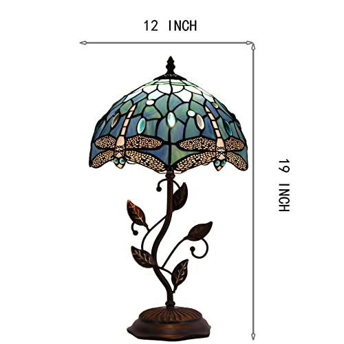 Avivadirect Tiffany Table Lamp, Stained Glass Lamp, Blue Dragonfly Desk Light W12H19 Inch Antique Iron Metal Leaves Bronze Base 1-Light, Memory Sympathy Accent Tiffany Lamps #TOP2
