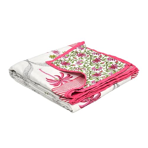 Image of BLOCKS OF INDIA Hand Block Printed Cotton Single Size Reversible Malmal Dohar for Summer (Pink Tree)