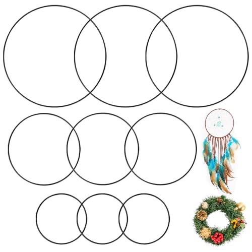 9Pezzi Cerchio Floreale in Metallo Neri Rotonda, 10cm/15cm/20cm Anelli Macramè in Metallo da Parete Decorativi, Cornice Rotonda Acchiappasogni Sospesi per Decorazioni per Feste Ghirlande