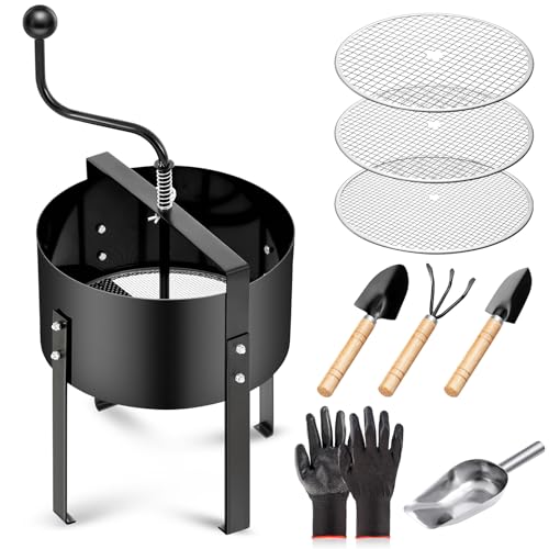 Reallnaive ロータリー土ふるい9点セット 堆肥ふるい 庭 ポッティング ふるいメッシュ 岩砂 土ふるいふるい 13インチ ふるい分けフィルター メッシュふるい3 メッシュふるい分け、ガーデングローブ、土壌スクープ、ガーデニングツール3個