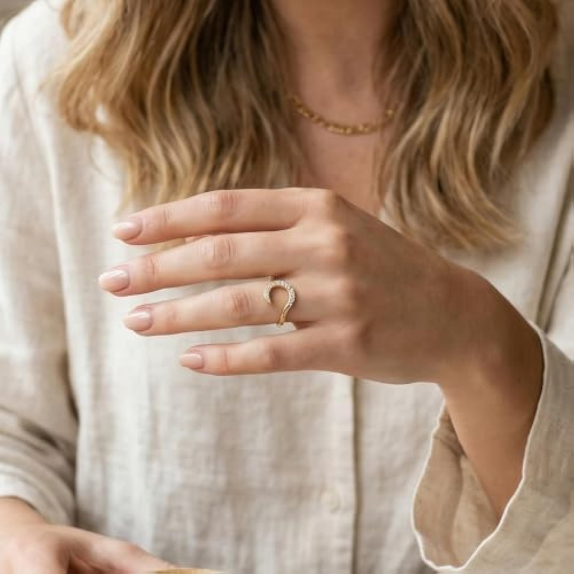 Women's Gold Plated Crescent Moon Ring, Celestial Minimalist CZ Adjustable