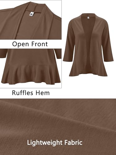 AusLook Women's Plus Size 3/4 Sleeve Lightweight Open Front Cardigan Coffee 4X Draped Ruffles Causal Cover Ups Shrugs Tops Shawls and Wraps Kimono Jacket Coat — view 5