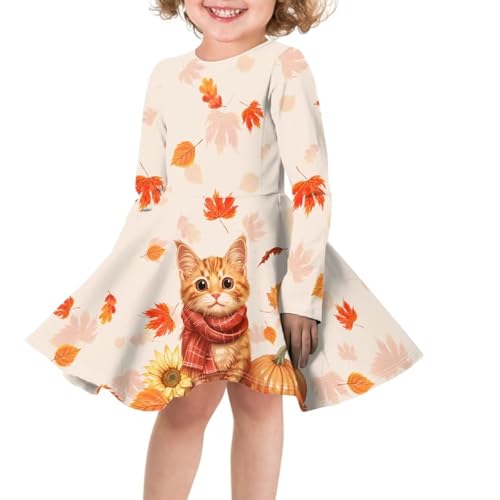Kids Swing Skater Thanksgiving Dresses Cute Cat Print Casual Long Sleeve Twirly A-Line Dress for Girls 9-10 Maple Leaves Graphic Thanksgiving Fall Outfits School Home Daily Novelty3