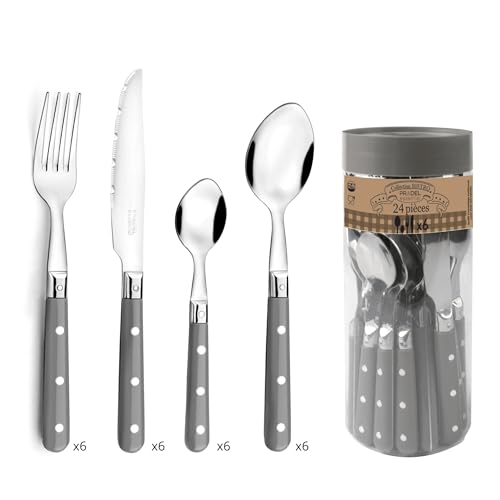 PRADEL ESSENTIEL - Bistro-Club Tafelbesteck 24-teilig für 6 Personen – Edelstahl 18/0, Standard-Finish – Grau
