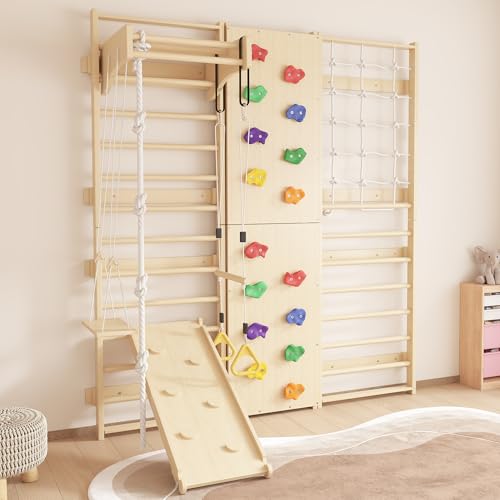 Cofiyard 9-in-1 Swedish Ladder Wall Gym & Climber 94.5 Wooden Wall-Mounted Climbing Set with Double-Sided Slide Swing Rope Rings Monkey Bars Kids Indoor Playset Wooden Climbing Jungle Gym