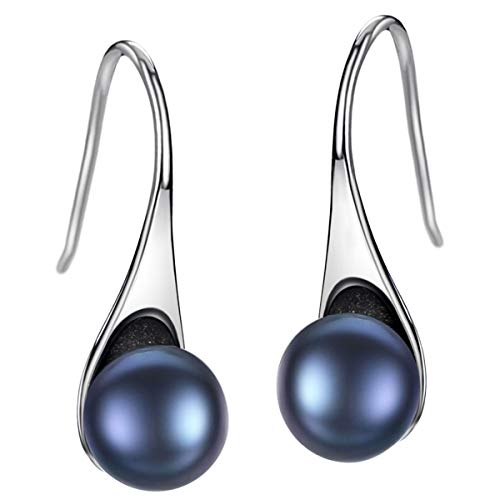 S925 Sterling Silver Freshwater Cultured Pearl Dangle Drop Earrings for Women AAA+ Quality 8mm Black Pearl Women's Earrings