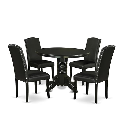 East West Furniture SHEN5-BLK-69 5 Piece Dining Room Table Set Includes a Round Kitchen Table with Pedestal and 4 Black Faux Leather Parson Dining Chairs, 42x42 Inch, Black