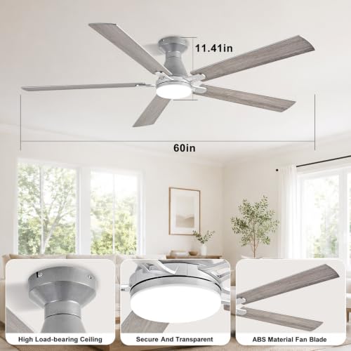 Image of Depuley Modern Ceiling Fan with Light: 60-Inch Nickel Flush Mount Fandelier | Bedroom Indoor Outdoor Use, 5 Reversible Wood Blades, 6 Fan Speeds, Timing Function, Dimmable 3CCT, Remote Control Included