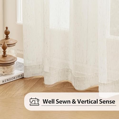 Image of FMFUNCTEX Linen Sheer Pinch Pleated Curtains for Living Room, Linen Flax Beige 108 Inches Long Sheer Curtain See Through Panels for Bedroom, Natural Window Drapes for Farmhouse, Rod Pocket 2 Panels