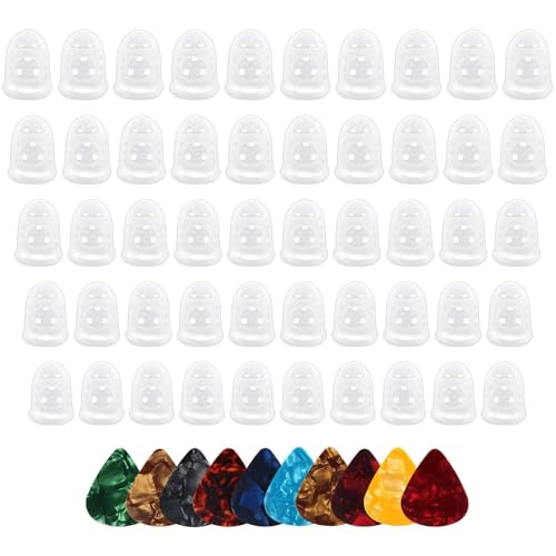 VBHHY 50pcs Guitar Silicone Finger Protector,Fingertip Protection Covers Caps in 5 Sizes for Beginner Playing Ukulele Electric Guitar and 10 Guitar Picks