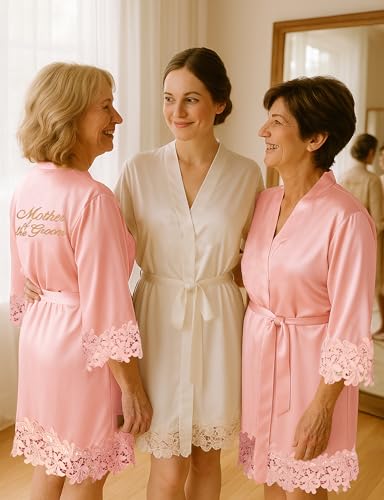 Image of EPLAZA Bride Robe for Wedding Day Set Bridal Robe Lace Trim Silky Embroidery Satin Kimono for Bridal Party