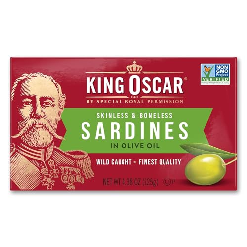 King Oscar Sardines in Olive Oil, 4.38 Ounce Cans (Pack of 12, Packaging May Vary), Skinless & Boneless, Wild Caught Canned Sardines