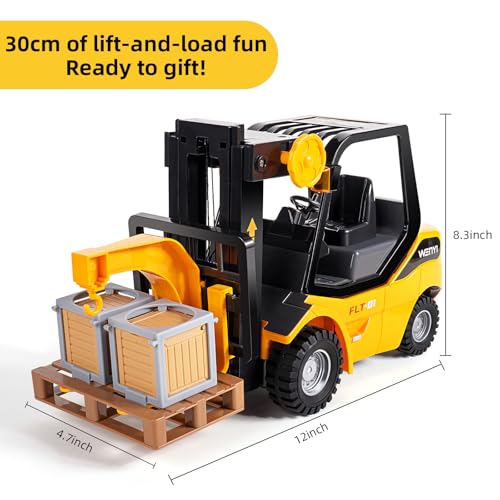 Image of 11.8 Inch Friction Powered Toy Forklift Truck with Lights & Sounds, 1 /16 Scale Construction Vehicle with Pallet & 2 Cargo Boxes, Push Car for Toddlers Age 3, 4, 5 Boys Girls - Easter Gifts
