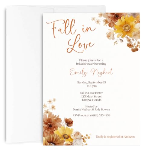 Fall In Love Bridal Shower Invitations, Autumn Floral Invite | Set of 12