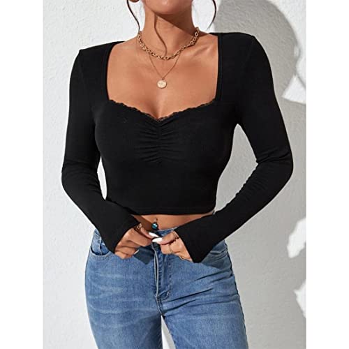 Image of GLARE & BLAIR Sweetheart Neck Lace Trim Long Sleeve Regular Fit Ribbed Tops for Women