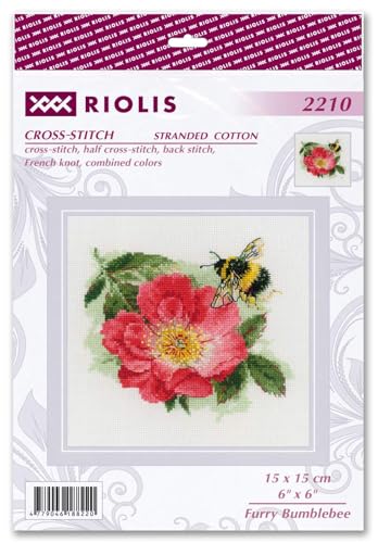 Image of RIOLIS - Furry Bumblebee 2210, Animals Cross Stitch Kits 6 inchx6 inch, Flowers Cross Stitch Kits for Beginners & Advanced, Crossstitching Kit Adult, Floral Embroidery Counted Stitching Kit