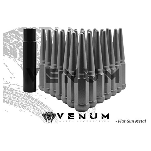 24 Flat Gun Metal Spike Steel Lug Nuts Powder Coated Custom Color 4.5 Inches Tall M14x1.5 Thread Pitch Compatible W/F-150 All Models 2015 + W/Aftermarket Wheels