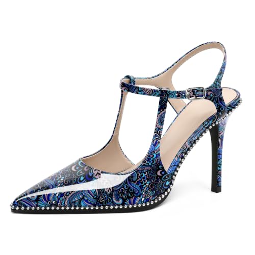 Image of SAMMITOP Womens High Heels Ankle Strap Pointed Toe Stilettos Patent Leather Beaded Pumps Dress Shoes 3.5 Inch