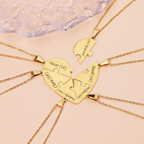 Personalized Sterling Silver Heart Puzzle Necklaces Set – Custom Name 2/3/4/5/6/7/8 Pieces BFF & Family Jewelry with Free Engraving Elegant Packaging for Family Friends2