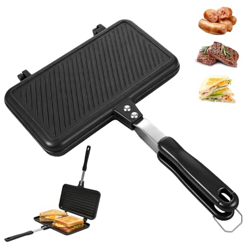Umllpet Bratpfanne Doppelseitig, Doppelpfanne Toastpfanne mit Hitzebeständigem Griff Antihaftbeschichtete Tortillas Bratpfanne Camping Toaster Sandwich Maker für Frühstück Camping Outdoor