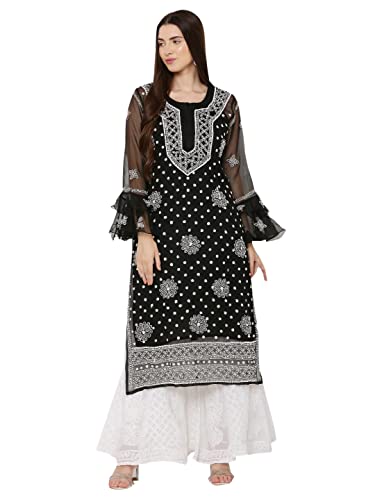 Image of FAWOMENT Women's Designer Georgette Straight Kurta with Hand Crafted Lucknowi Chikankari Embroiderey Emblemished Moti Work Along
