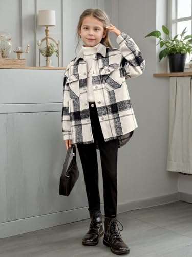 Girls Black Plaid Jacket Button Down Kids Long Sleeve Warm Fall Winter Coats Classic Lapel Collar Outerwear for 8-14Y4
