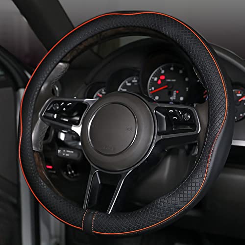 Image of Car Steering Wheel Cover, Anti-Slip, Safety, Soft, Breathable, Heavy Duty, Thick, Full Surround, Sports Style (Black with Light Orange Line)