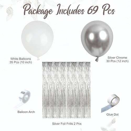 Image of Silver and white balloons with silver foil frills, pack of 69 for birthday decoration, Home decoration items, Annoversary decoration