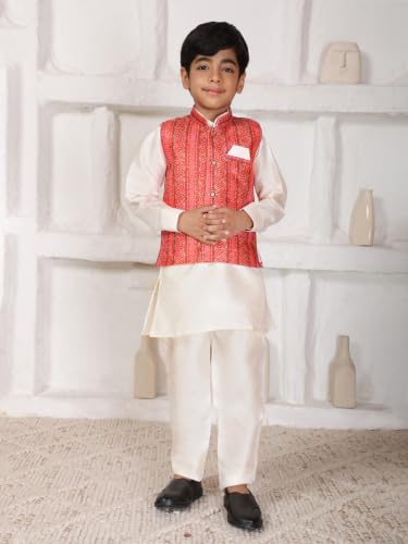 Image of Pro-Ethic Style Developer Kids Kurta Set For Boys With Waist Coat, Ethnic Wear for Diwali, Eid, Raksha Bandhan, Jacquard, Floral Print (Pack of 1)
