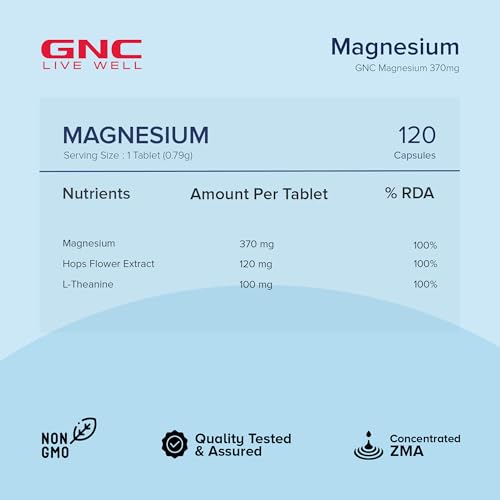 Image of GNC Magnesium 370mg | 120 Veg Capsules | For Bone Strength, Muscle & Nerve Function, Stress Relief, Improved Sleep, Mood Elevation, Essential Mineral for Calcium Absorption & Cell Function