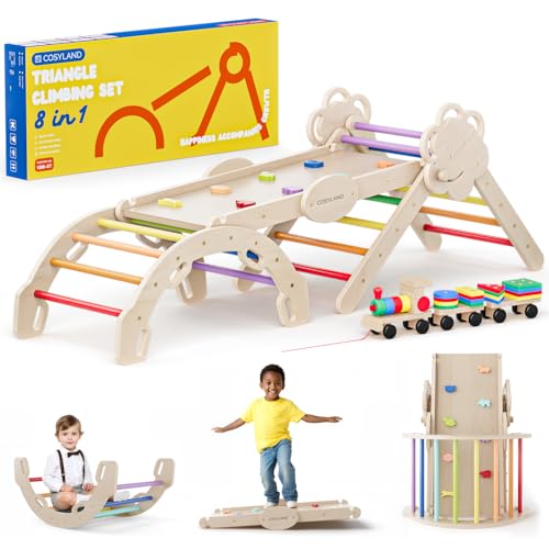COSYLAND Klettergerüst Indoor L - Montessori Indoor Spielset mit Kletterbogen & Rutsche -8-in-1 Massivholz-Spielplatz - Kletterbogen ab 1 Jahr - Regenbogenfarben