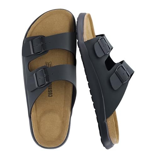 Image of CUSHIONAIRE Mars Double Buckle Slide Sandals for Men with Arch Support, Cork Footbed and EVA Outsole